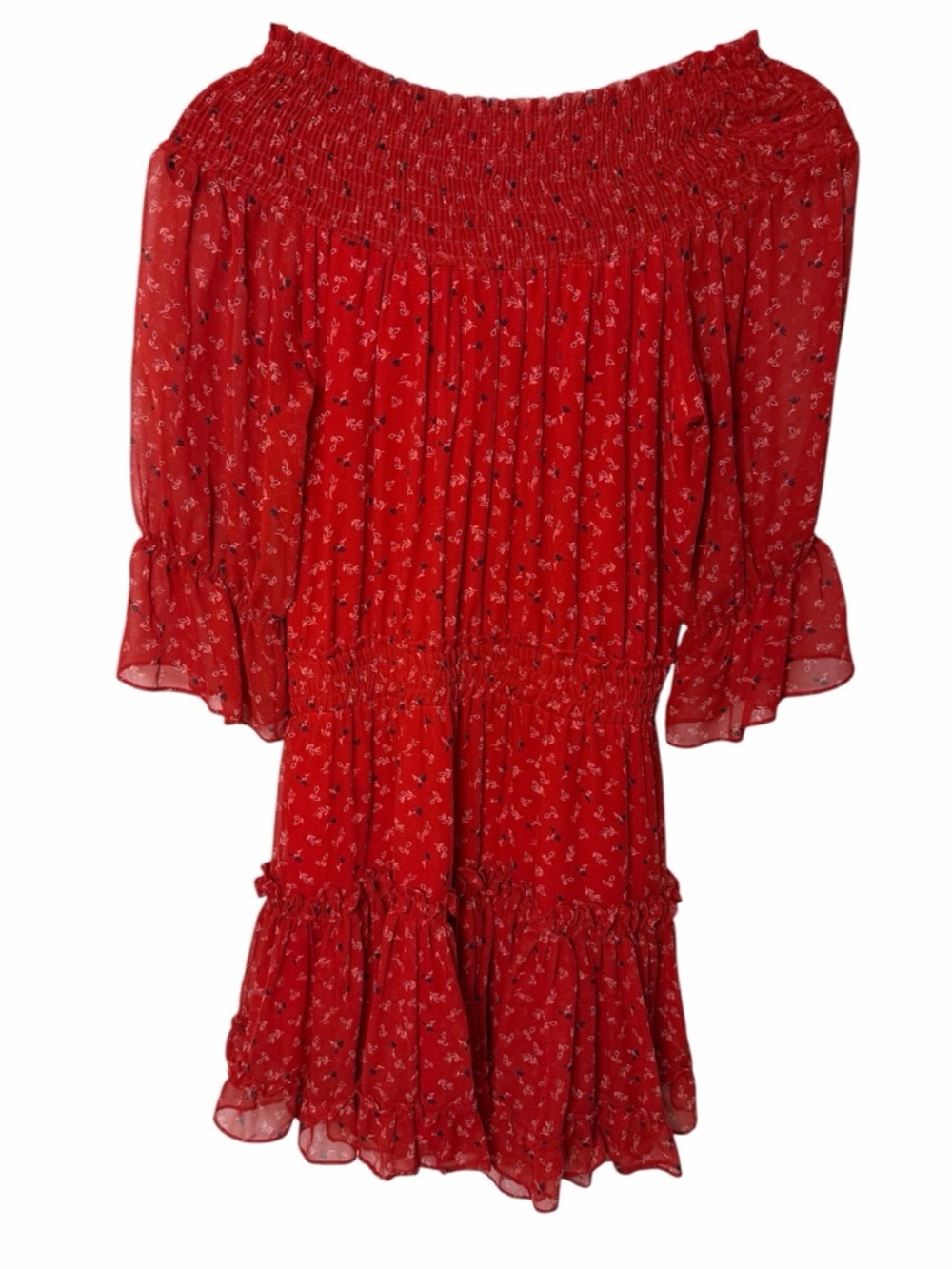 MISA Darla Red Floral Off Shoulder Smocked Ruffle Mini Dress L - Picture 6 of 11